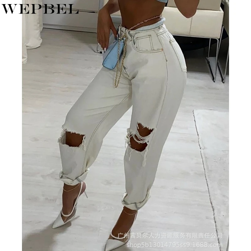 

WEPBEL Fashion Button Ripped Jeans Women's Casual Solid Color Loose Jeans Autumn High Waist Denim Straight-Leg Trousers