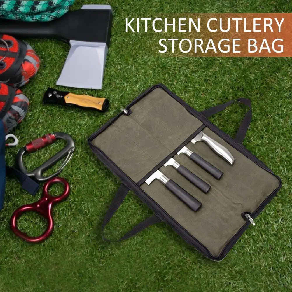 

Durable Handles Portable Cutlery Roll Case Canvas Cleaver Storage Bag Perfect For Camping Traveling Working