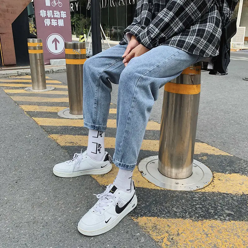 Джинсы мужские прямые в стиле хип хоп модные облегающие однотонные брюки из