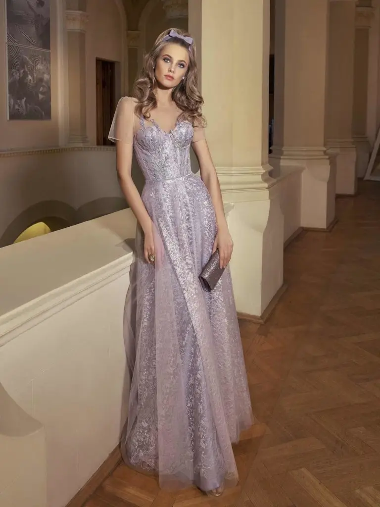 

Lilac Lace Appliques Prom Dresses 2021 Sheer Neck A Line Formal Evening Party Dress vestidos de gala