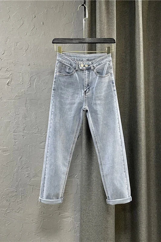 

Light Blue High Waist Slimming Denim Pants Women Straight Leg Two Button Jeans 2021 Spring and Summer Wide Leg Cropped Jeans