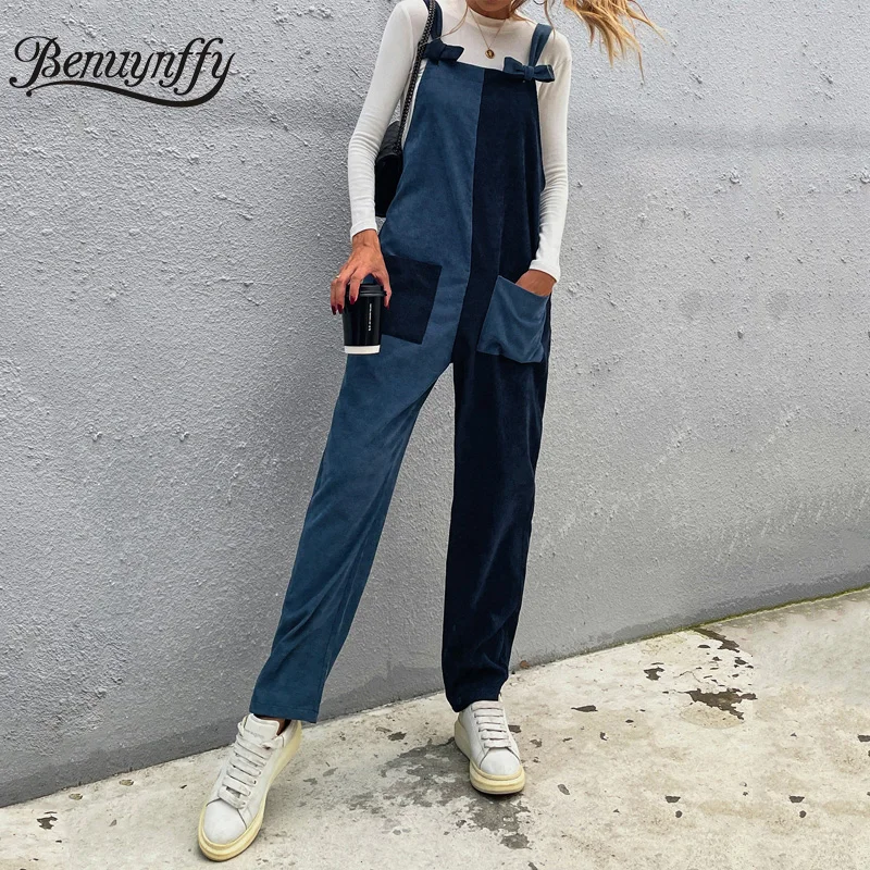 

Комбинезон Benuynffy, комбинезон на бретелях с цветными блоками, Повседневный, пэчворк, женские комбинезоны без рукавов с карманами, осень 2021