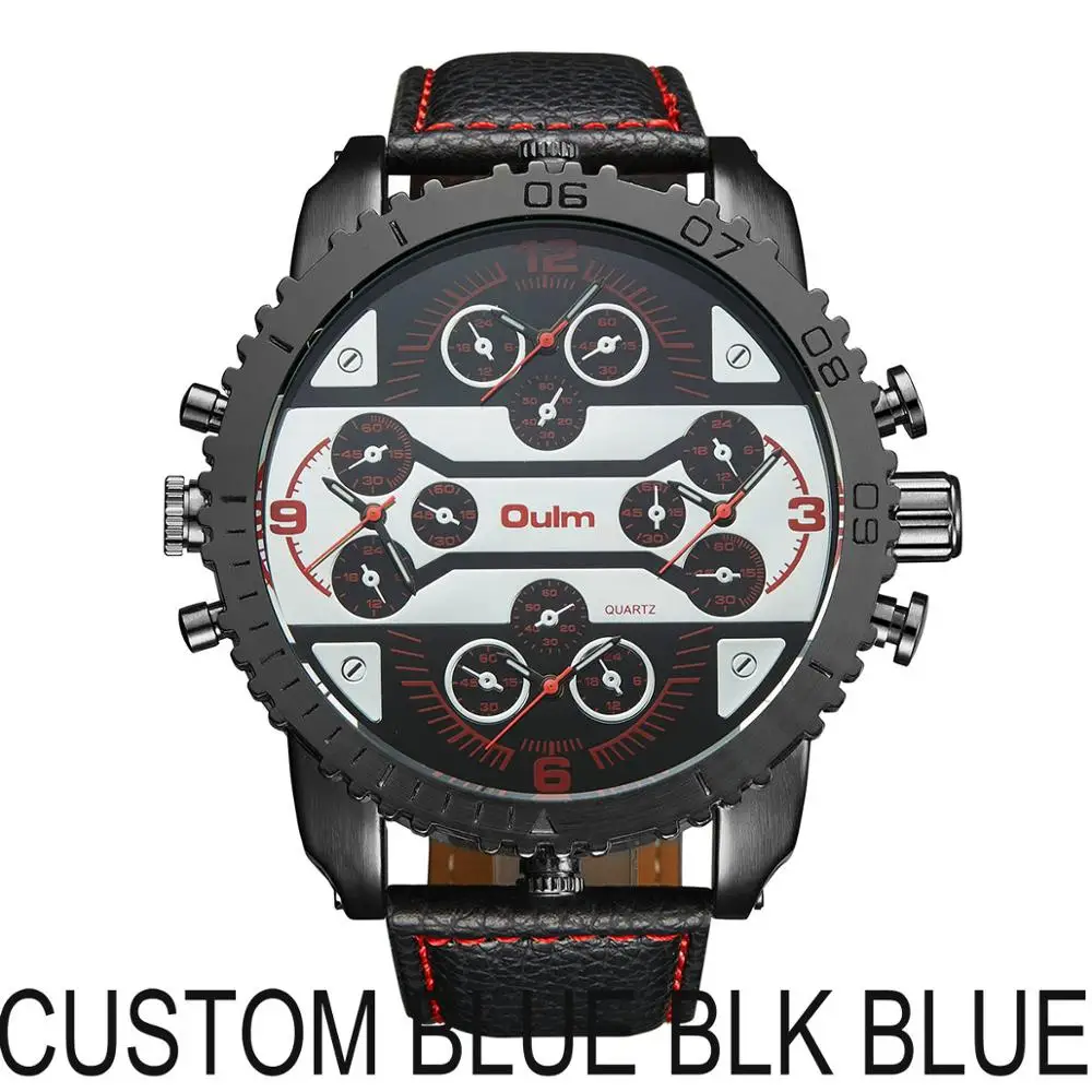 CUSTOM BLUE BLK BLUE OULM спортивные кварцевые часы мужские большой чехол военные мужские s часы лучший бренд класса люкс кожаный ремешок 4 часовых пояса модные повседневные наручные часы - Цвет: CUSTOM BLUE BLK BLUE