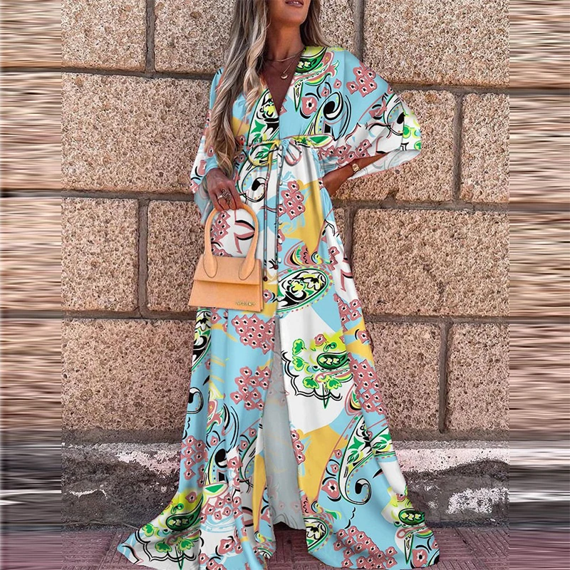

Summer Dress Womens Long Sleeve Flroal Printed Elegant Party High Split Long Maxi Dresses Boho Casual Beach Big Swing Dress 2021
