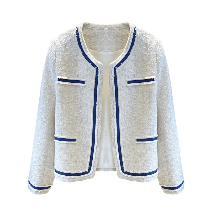 

Женская твидовая куртка с бахромой, дизайнерское белое пальто с синей отделкой, круглым вырезом и 4 карманами, 2021