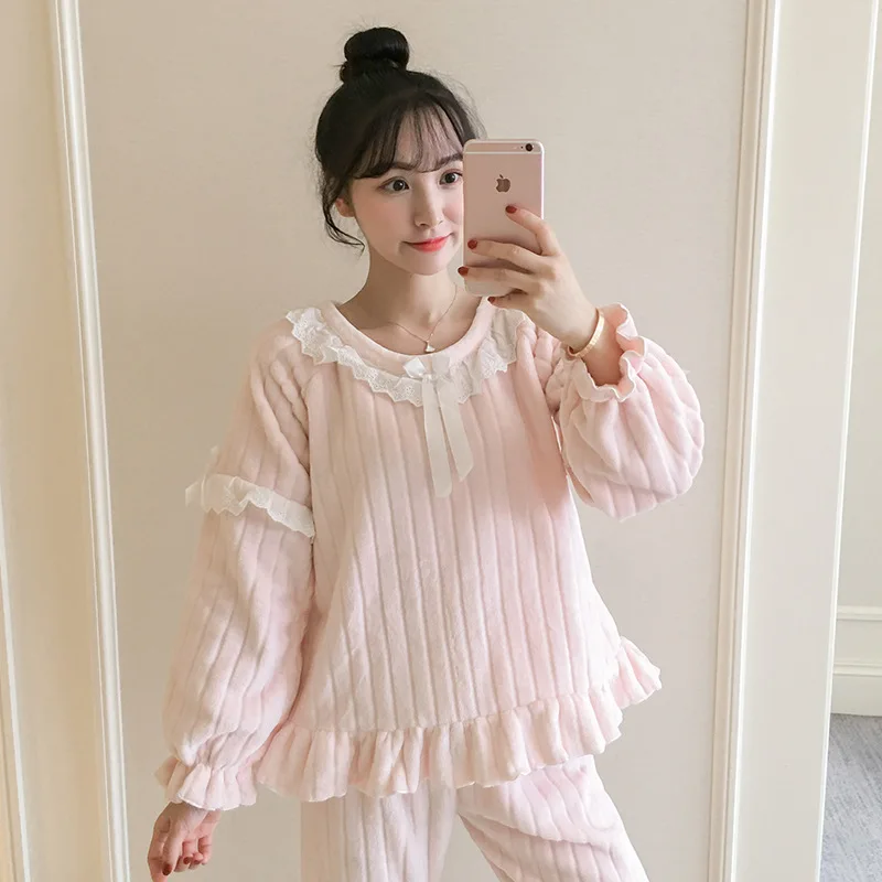 

Women Pajamas Sets Autumn Winter Nightwear Flannel Night Suit Lace Sleepwear Warm Home Clothing Thick Home Clothing Sleep Lounge