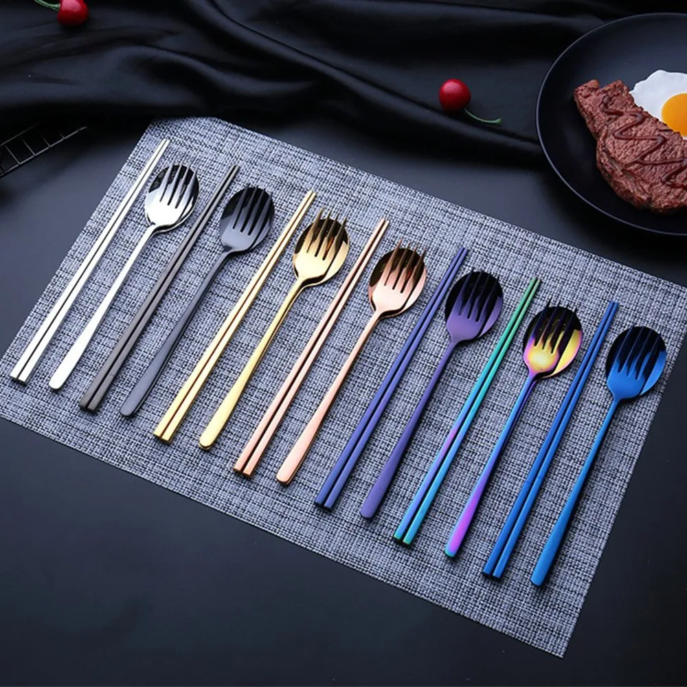 

Portable Stainless Steel 304 Modern Style Spoon Fork Chopsticks Three-piece Set Home Kichen Flatware Knives Cutlery Tableware