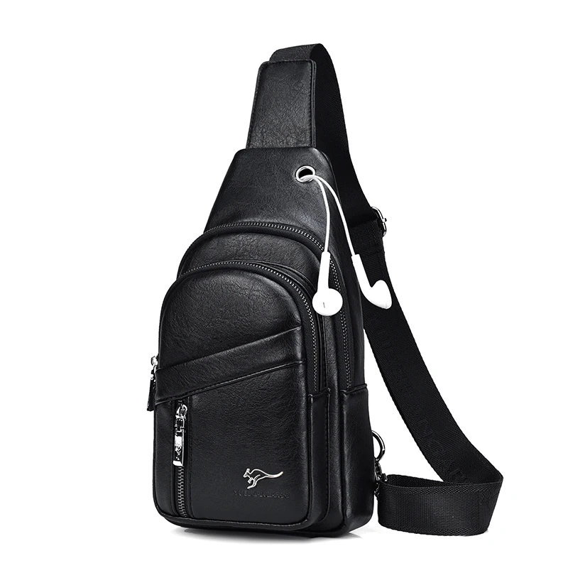 

New Fashion Male PU Leather Headphone Plug Satchels Crossbody Chest Bags Multi-Function Messenger Bag Casual Men's Chest Bag