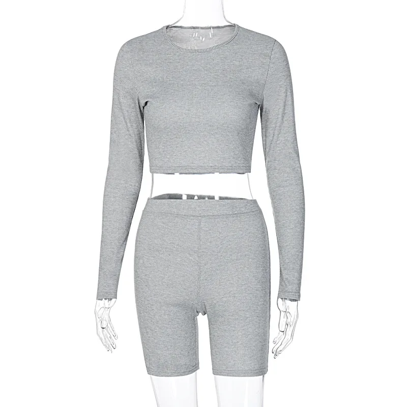

2Pcs Set Woman Shorts Long Sleeve Crop T Shirt And Short Sets Spring Summer Fashion Clothes Fitness Sportswear Bodycon Tracksuit