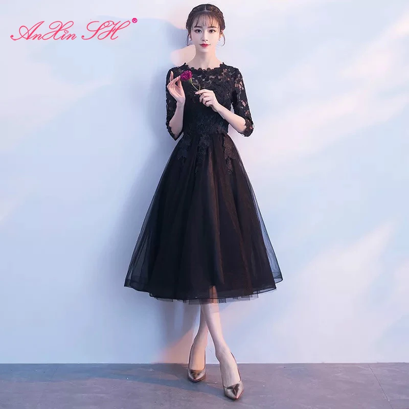 AnXin SH принцессы с изображением черного вызывающего кружевного цветка вечернее