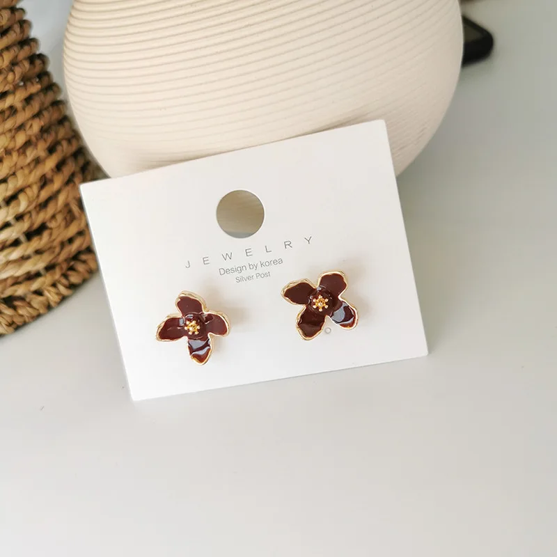 925 Korea Cute Simple Small Drip Glaze Flower Elegant Sweet Stud Earrings for Women Fashion Jewelry Accessories | Украшения и