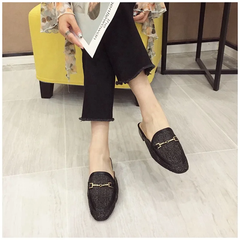 New Fashion Women Mules Slipper Low Heel Slip On Slide Sandals Cane Woven Beach Summer Slippers Flat Sandals