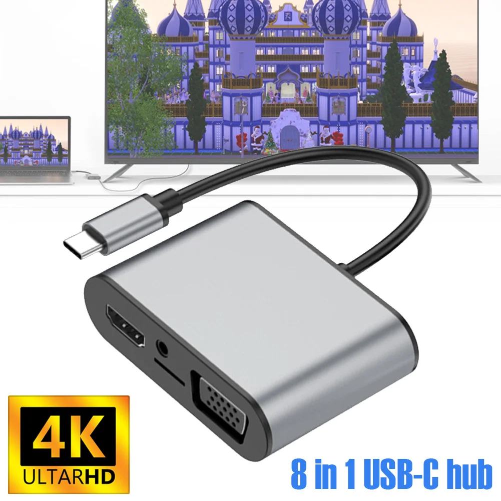 

Адаптер 8 в 1 Type-C Hub Type-C к HDMI, кардридер 4K SD/TF с портами VGA/AUX, ключ-ключ с поддержкой разрешения экрана 1080P, с возможностью подключения к USB-сети, с...