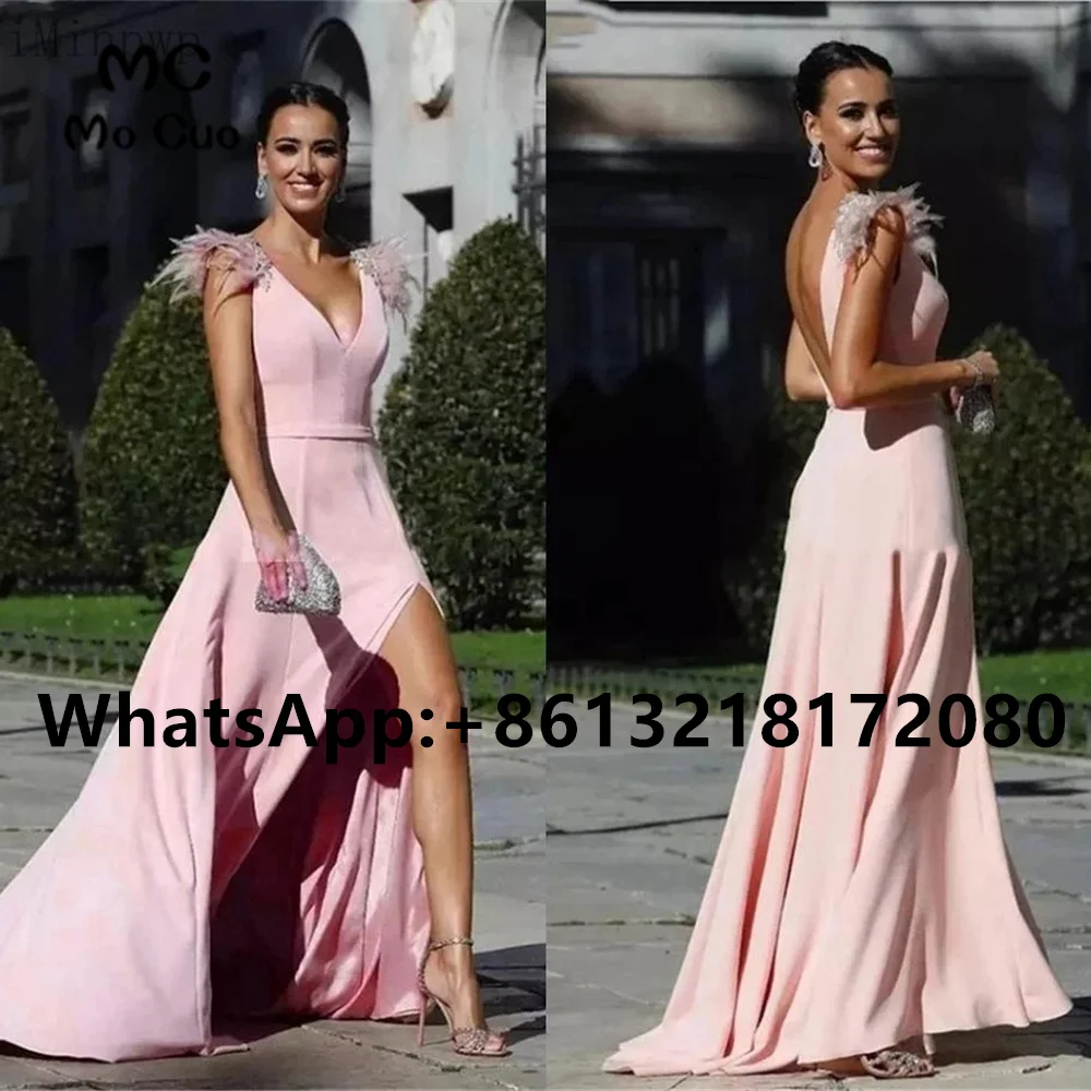 

2021 Pink Prom Evening Dresses for Women Deep V-Neck Feather Beading Chiffon Backless Robe De Soiree Party Prom Dresses
