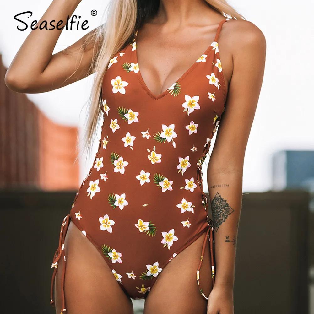 SEASELFIE Цветочный v образный вырез Цельный купальник для женщин сексуальный
