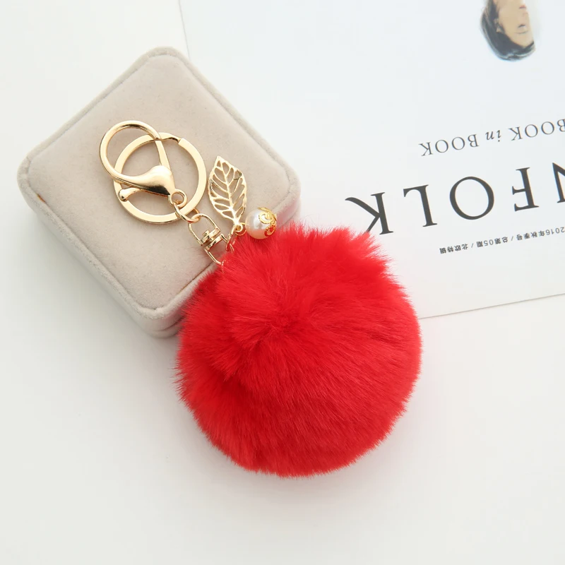 

Fluffy Artificial Rabbit 8CM Imitated Rabbit Fur Ball Key Chain Pompons with Leaves for Women Car Bag Key Ring Jewelry EH1003A