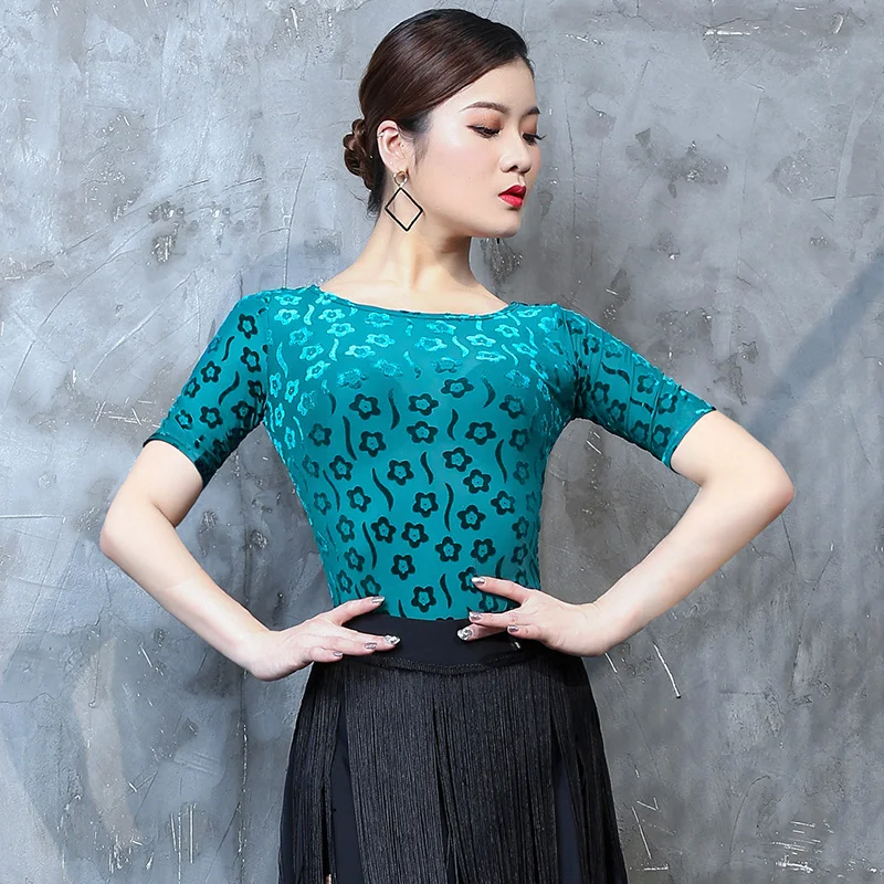 

Adult Latin Dance Shirt Mesh Printed Tops Dancing Clothes Ballroom Rumba Performance Clothes Women Latin Practice Wear YS1076