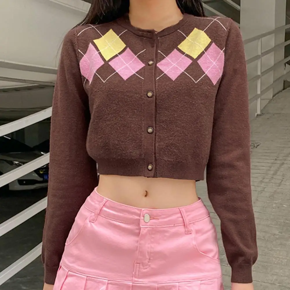 

Women Long Sleeve Single-breasted Crop Top Rhombus Print Knitwear Slim Blouse