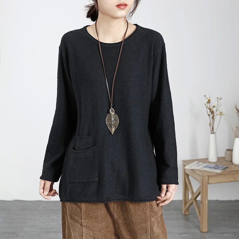 Thin Sweater Autumn Spring 2019 Women Loose Pocket O Neck Long Sleeve Big Size Basic Tops Fashion Pullovers YoYiKamomo | Женская одежда