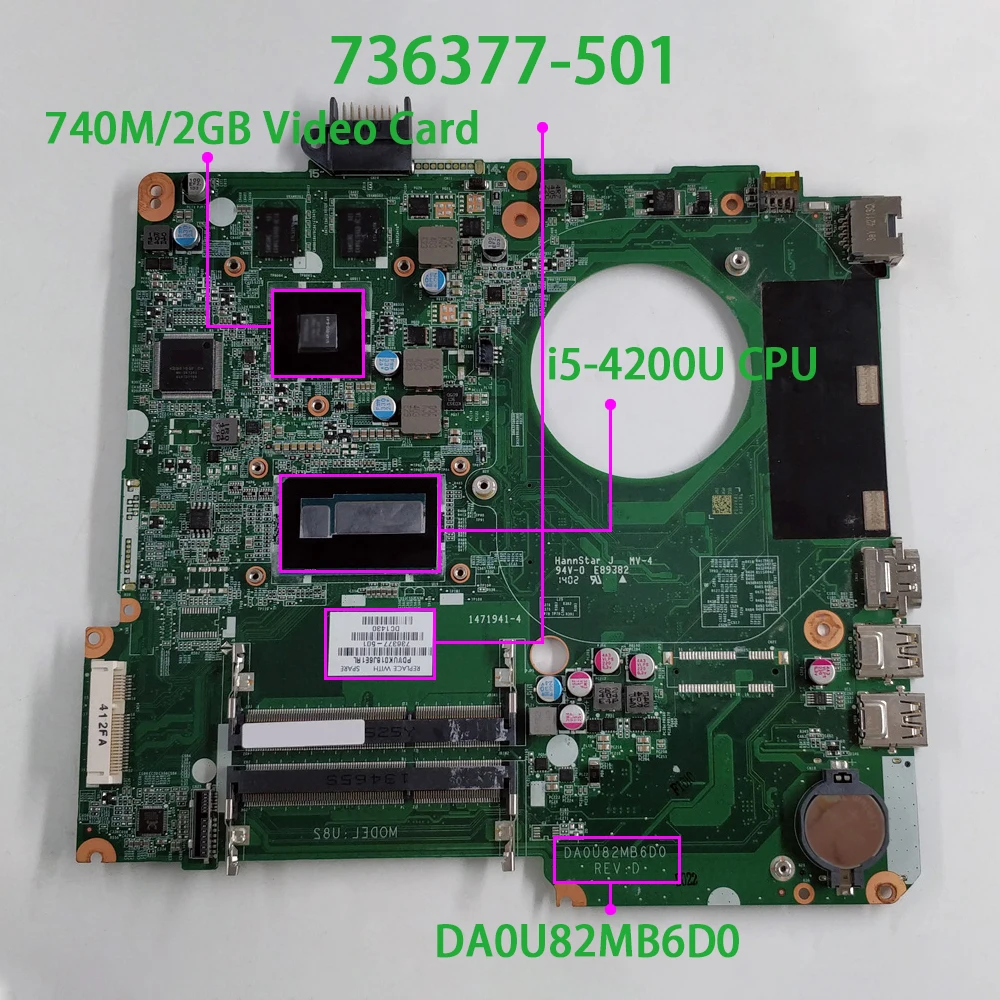 

for HP 15-N Series 736377-501 736377-001 736377-601 DA0U82MB6D0 REV:D 740M/2GB i5-4200U Motherboard Mainboard Working Perfect