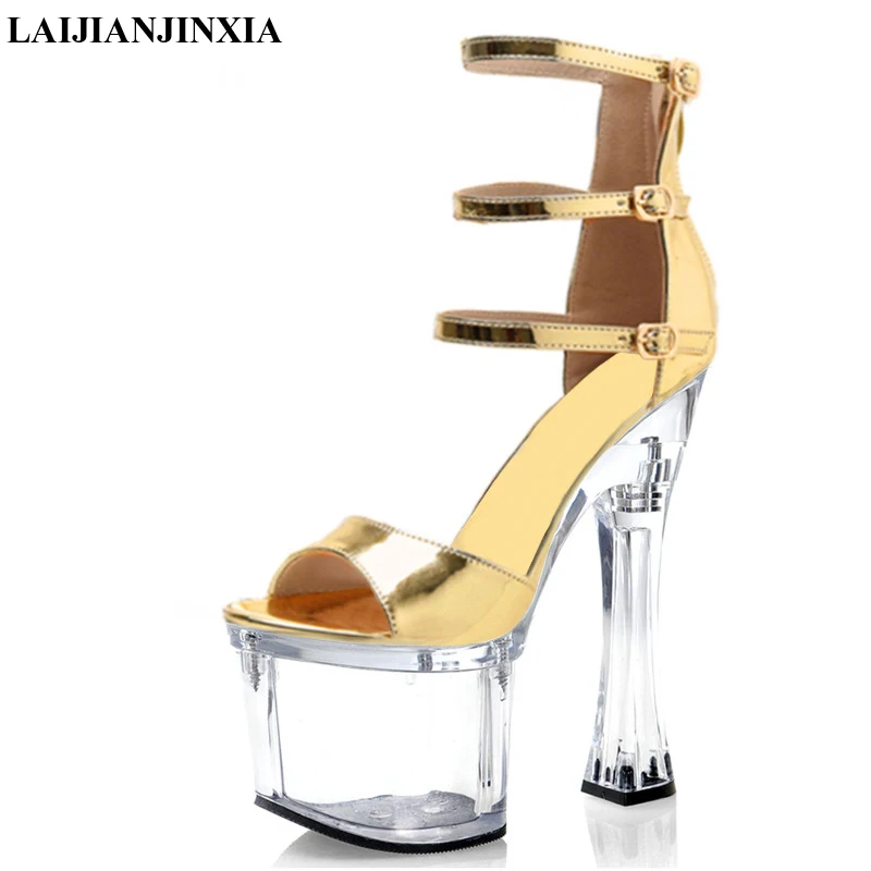 

LAIJIANJINXIA New 18 CM High heeled Shoes Hollow Crystal Platform Open Toe Women's Sandals Fashion Party Dress Stage Queen Shoes