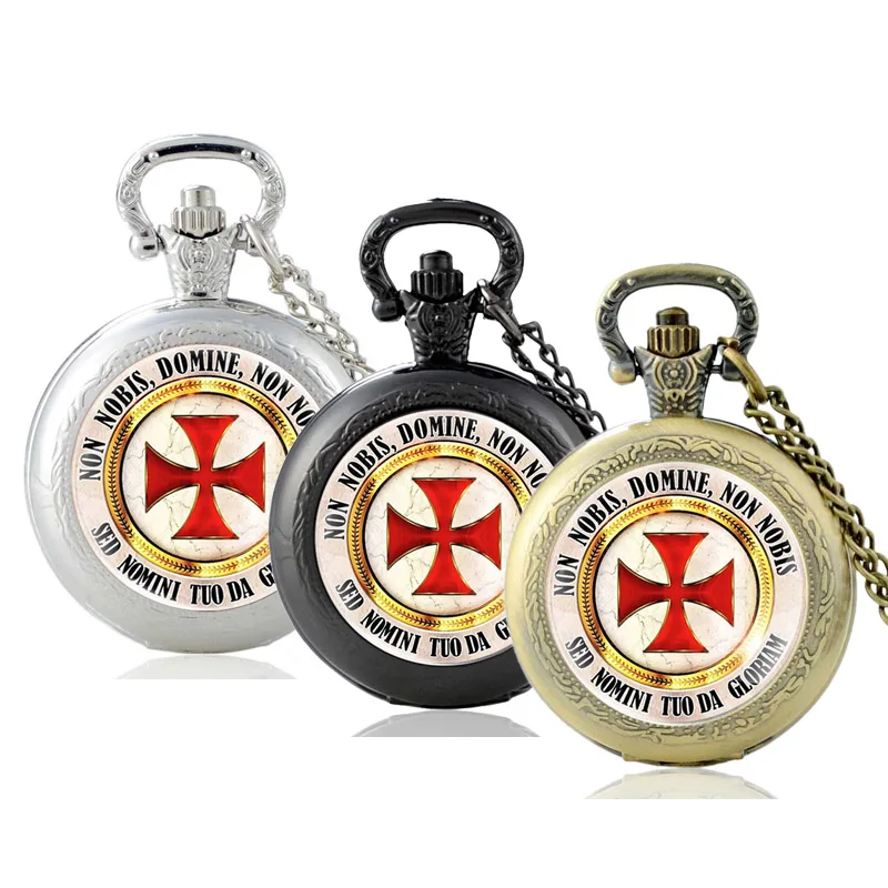 Relógios de Bolso com Corrente  Clássico Retro Cavaleiro Templar Cruz de Vidro Cabochon Relógio de Bolso de Quartzo dos Homens do Vintage Feminino Pingente Colar Corrente Horas Relógio
