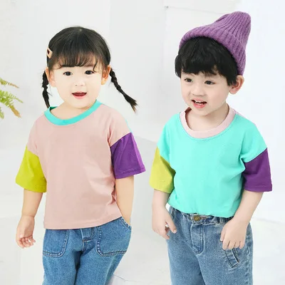 

2021, Новое поступление, для мальчиков и девочек, футболка для малышей, детские, из хлопка, с круглым вырезом, топы, футболки, корейская детская ...