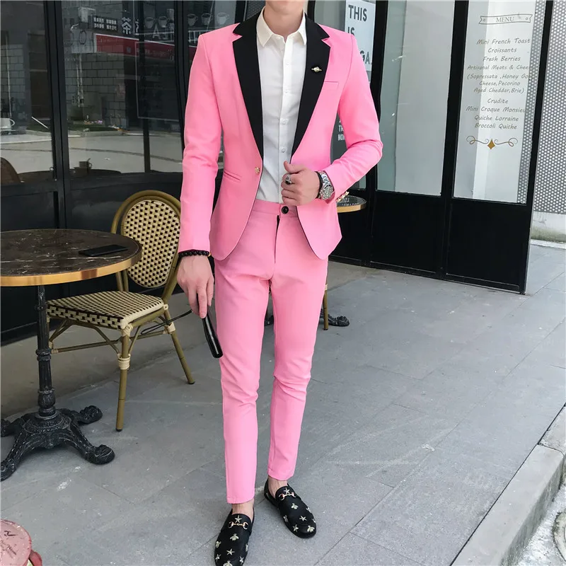 Pink Men Suit Spring 2020 New Casual Men Wedding Suits Slim Fit Simple Contrasting Colors Collar Night Club Prom Tuxedo 3XL-M