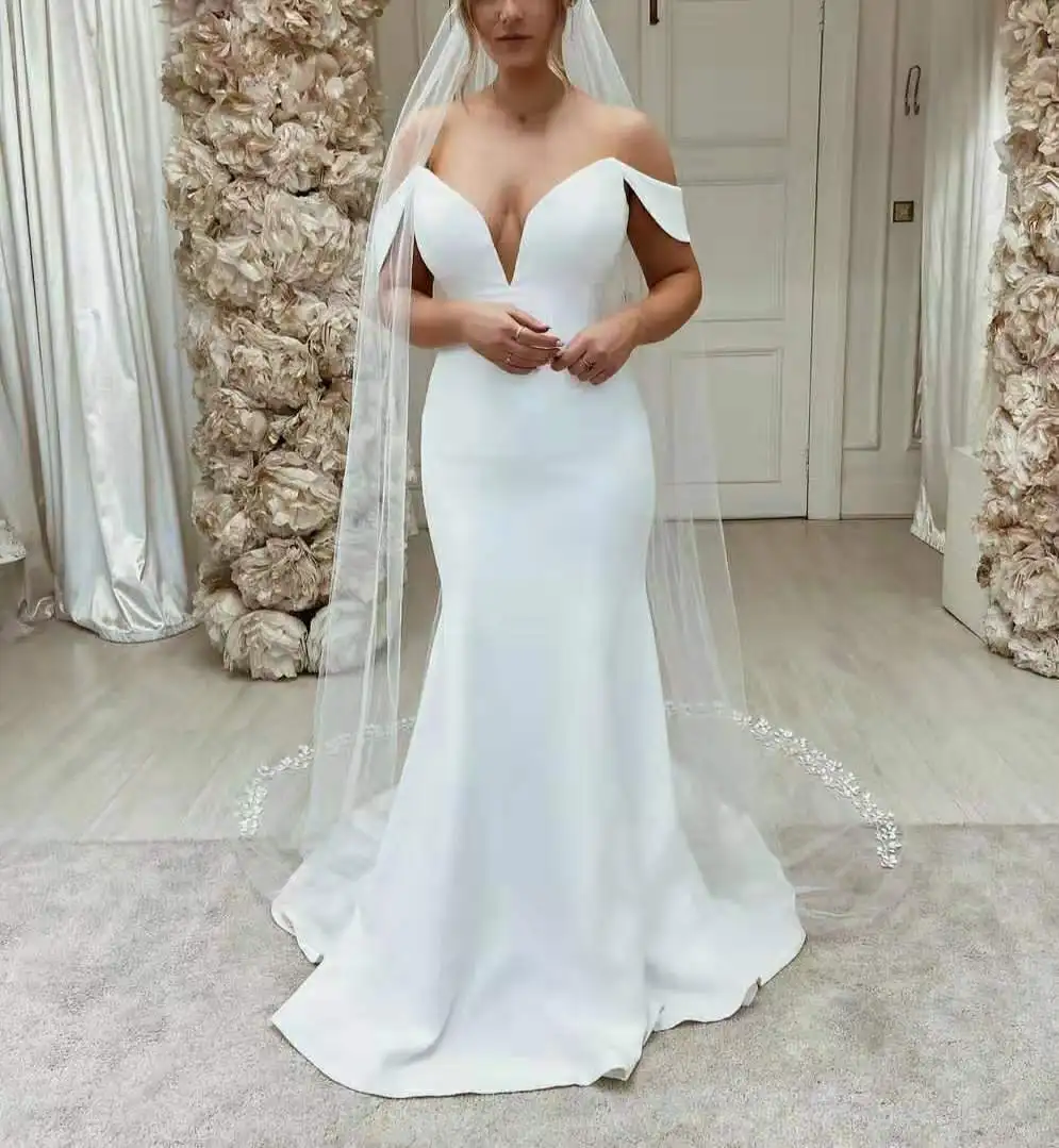 

Elegant Long V-Neck Mermaid Satin Wedding Dresses Custom Off Shoulder Floor Length Corset Back Bridal Gowns for Women