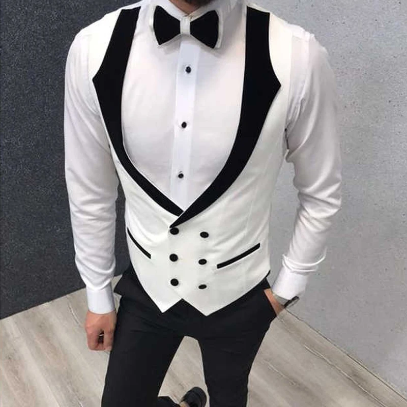 

Облегающий мужской жилет с двубортным бело-черным, цельный мужской жилет для официального свадьбы, шафера, Новая мода