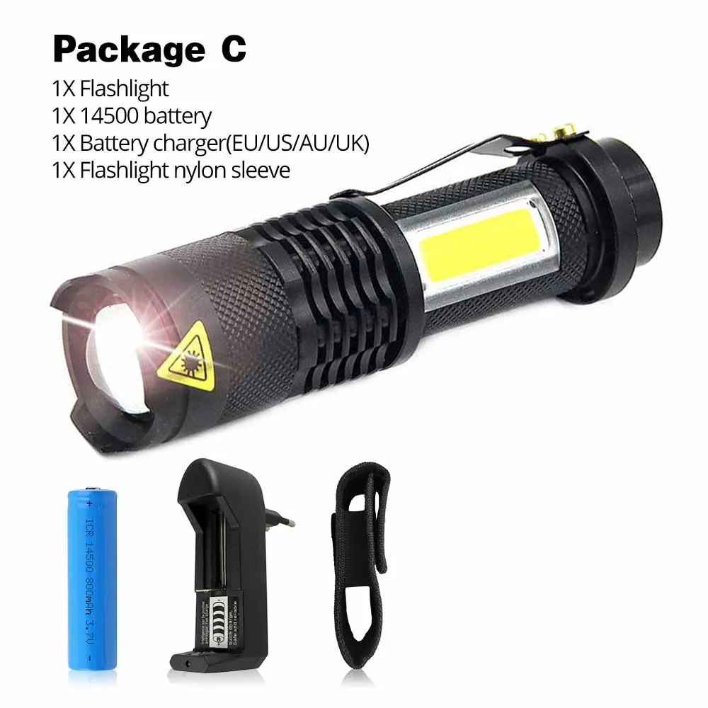 Package C Портативный светодиодный фонарик Q5+ удара мини-черный 2000LM Водонепроницаемый Увеличить светодиодный фонарик пальчиковые Применение AA или 14500 Батарея освещения фонарь - Испускаемый цвет: Package C