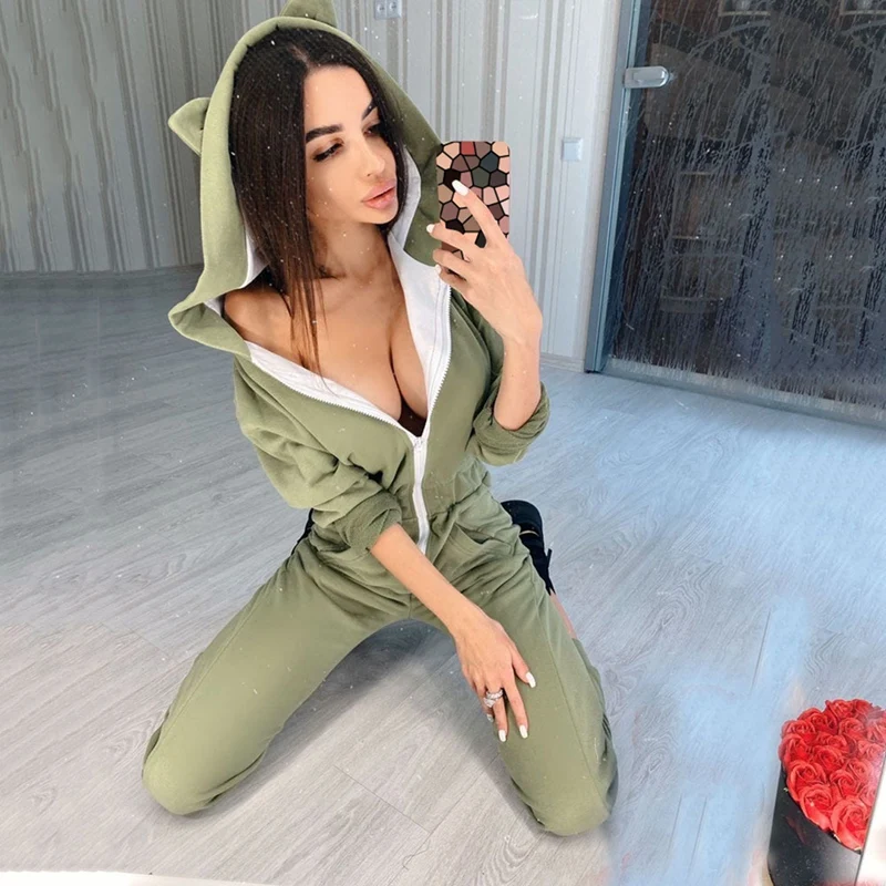 

Women's Binaural Hooded Jumpsuit Long Sleeve Zipper Sweatshirt Jumpsuit Women's Sweatpants Jumpsuit