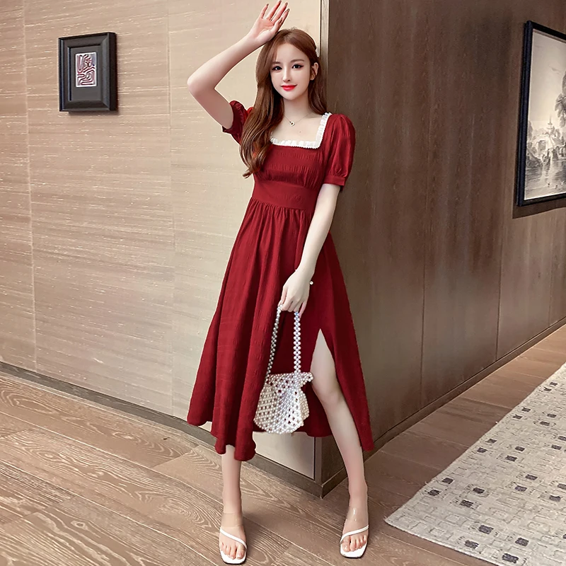 

Женское кружевное платье средней длины, повседневное однотонное Свободное платье с квадратным вырезом, пышными рукавами и высокой талией, ...