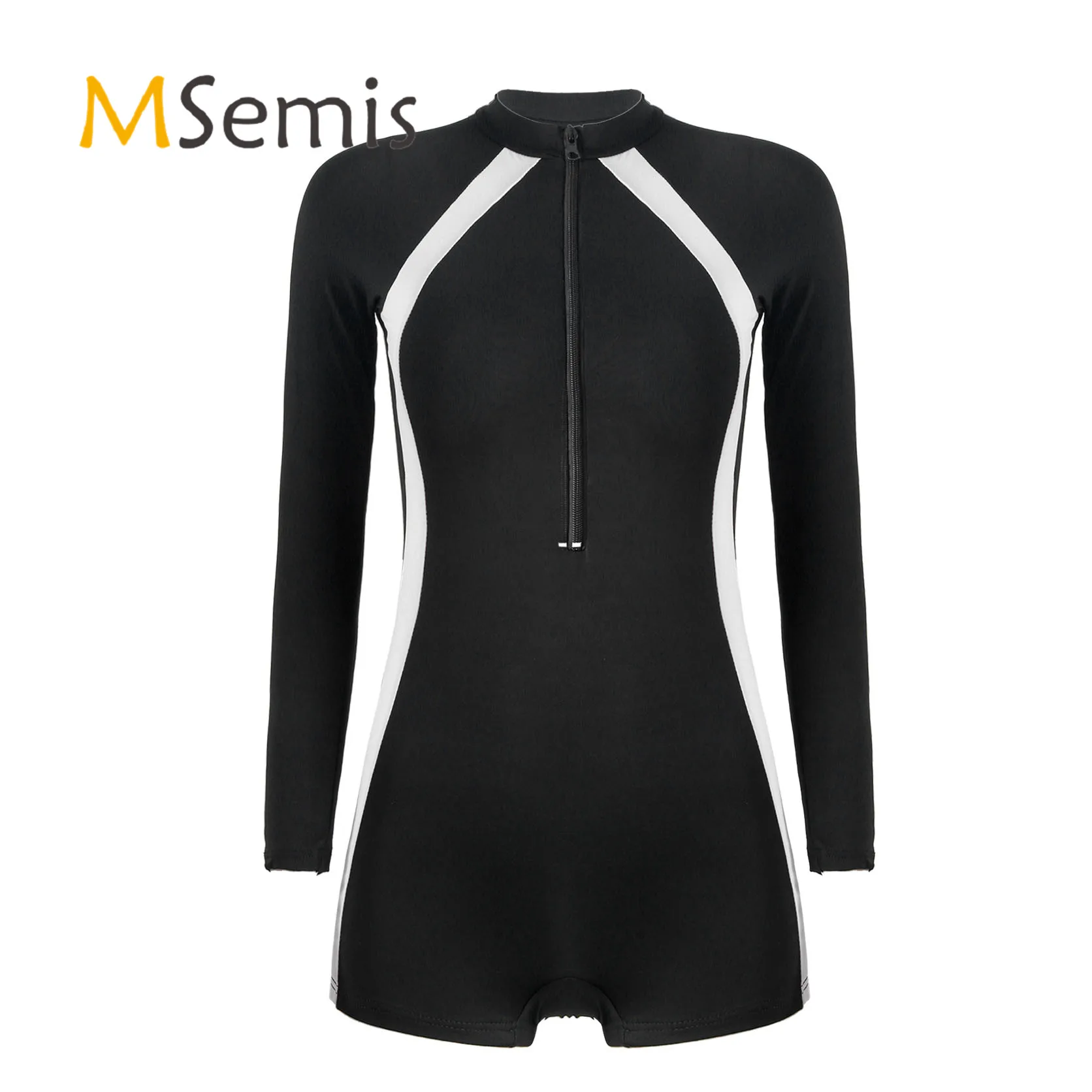 

Black Women's Swimsuit Mock Neck Long Sleeves Removable Pads Front Zipper Colorblock Short Swimming Jumpsuit Bodysuit Swimwear