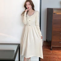 one piece ladies v neck pullover long sleeved a line knit dress 2021 autumn winter new french retro knitted sweater dress female