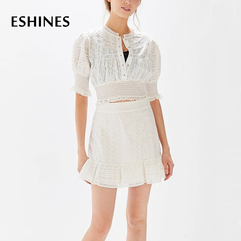 ESHINES/винтажная Женская белая короткая блузка летняя шикарная вышитая открытая