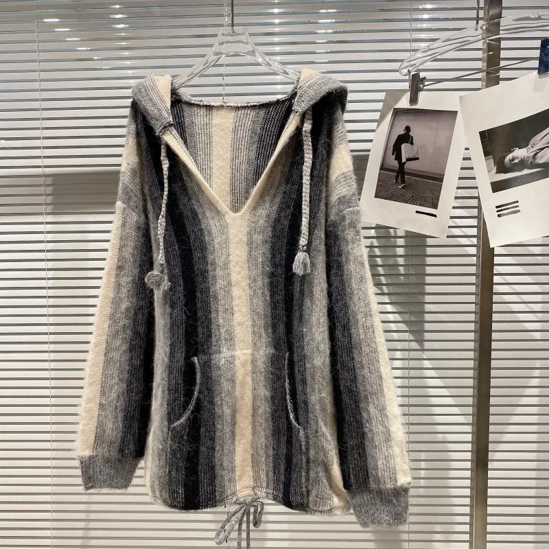 

Vertical Bar Gradient Drawstring Sweater Women 2021 Autumn New Hem Hooded Mohair Sweater Women's Fashion