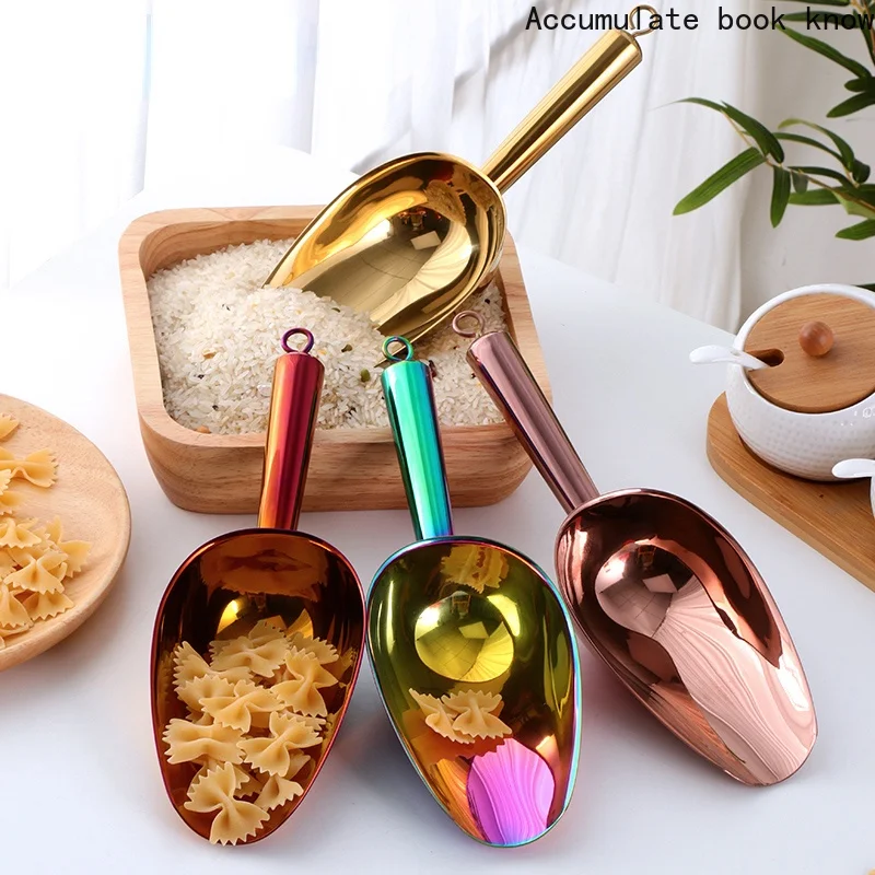 

New 1/2PCS 9.8inch Stainless Steel Gold Ice Scraper Dry Food Flour Candy Bin Spice Scoop Buffet Shovel Wedding Bar Kitchen Tools