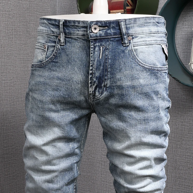 Italian Style Fashion Men Jeans Retro Light Blue Elastic Cotton Ripped Denim Trousers Vintage Designer Casual Slim Long Pants | Мужская