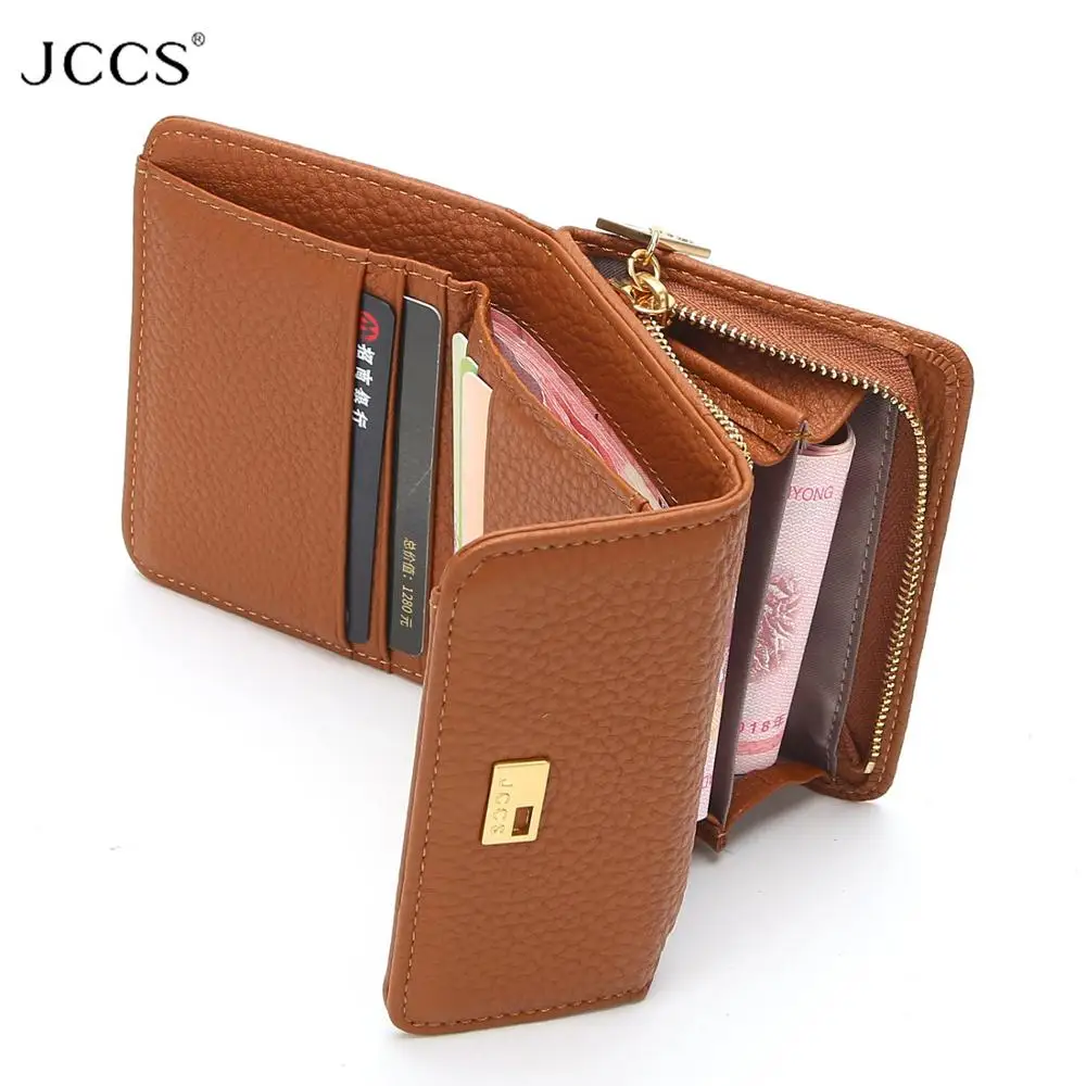 

JCCS New Women's Folding Genuine Leather Ｗallet Ladies Lock Catch Short Purse Clutches Card Holder Purse JS3292