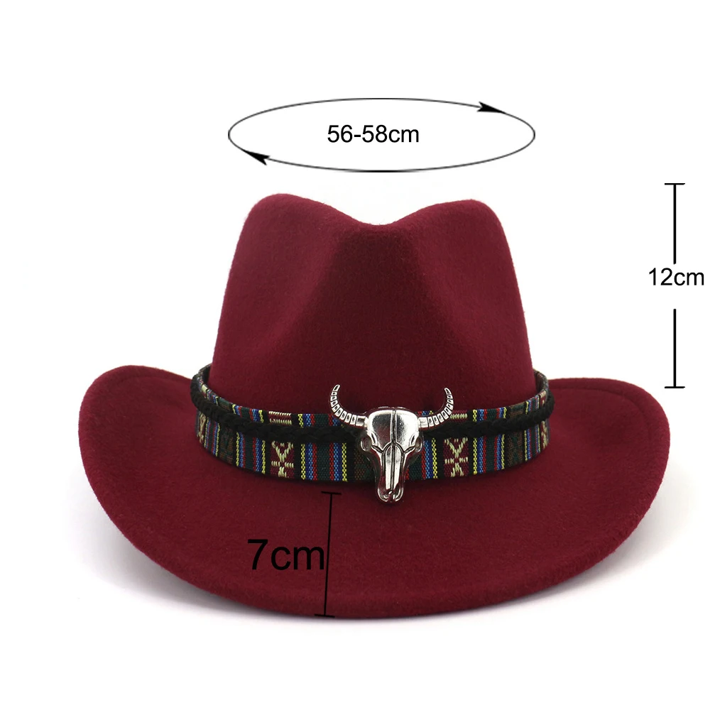 

Fashion Men Women Western Cowboy Hat With Cow Head Band Wide Brim Hat Pop Jazz Hat Winter Wool Hat Size 56-58CM