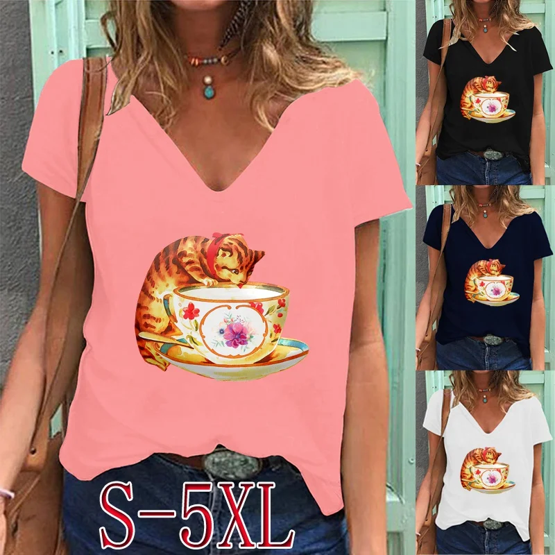 

Women Summer Fashion Solid Color Pullover Blouse Tops Ladies Casual Cartoon Printed Tee Loose Short Sleeve Deep V-neck T-shirt