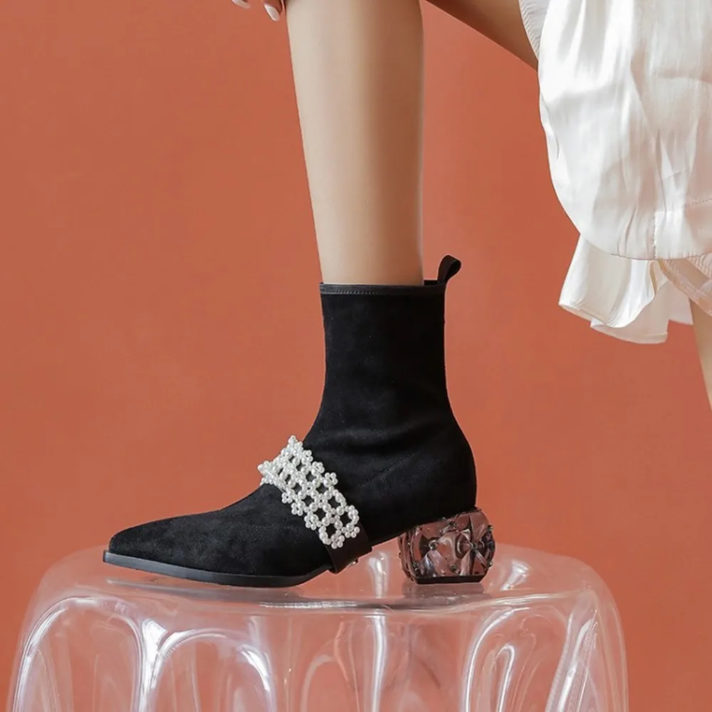 

Womens Pointy Toe Stretchy Over The Knee Thigh&Ankle Boots Pearls Rhinestones Band Crystal Strange Clear Heel Shoes Real Leather