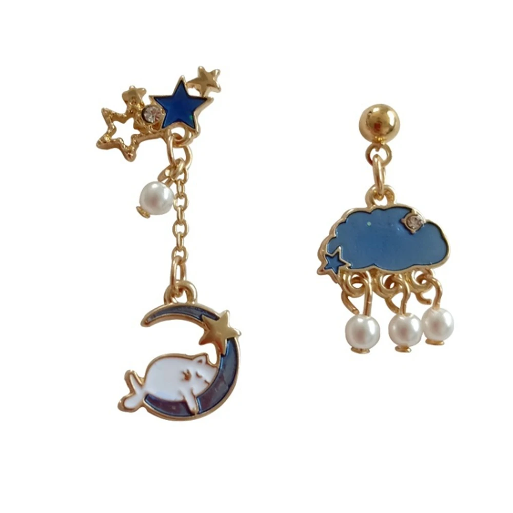 

Ruanme galaxy moon clouds rain a pair of eardrop women stud earrings han edition asymmetric long pearl earring ornaments