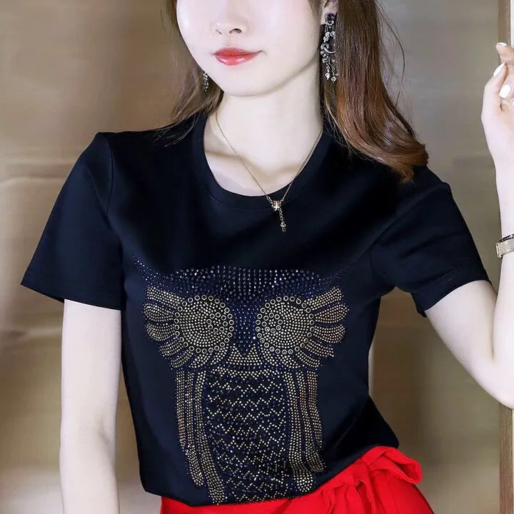 

100% Cotton T Shirt Woman Summer Fashion Short Sleeve T-shirt With Diamond Woman Korean Style Plus Size Shirt 2021 Women Shirts