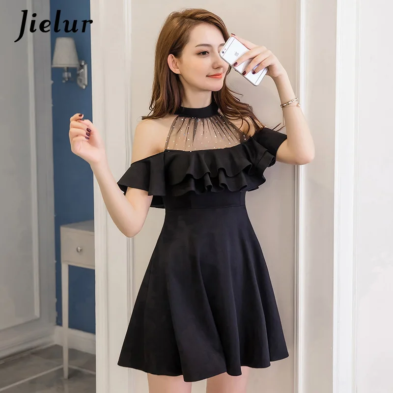 Blcak Short Sleeve Jielur элегантное кружевное платье с открытыми плечами осеннее корейское хипстерское черное белое сексуальное вечерние тонкое с оборками трапециевидное платье Vestido Mujer Dropship летнее S-XXL прямая поставка - Цвет: Blcak Short Sleeve