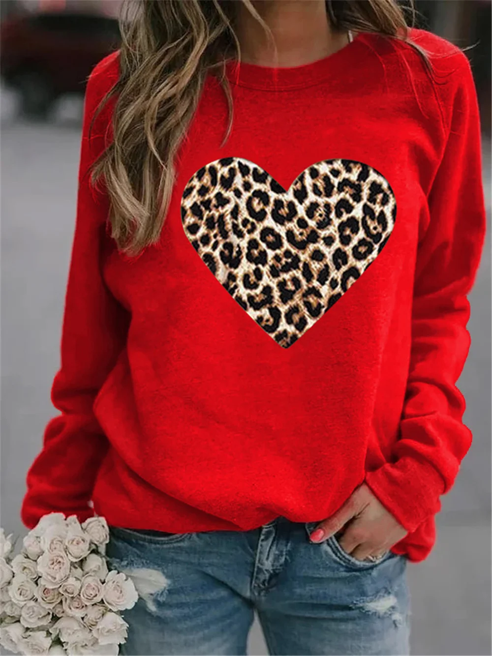 

Heart Womens Sweatshirts Pullover Leopard O Neck Long Sleeve Loose Womens Tops Casual Femme Clothes