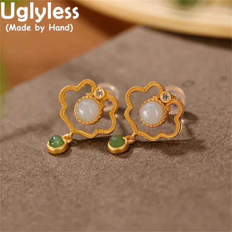 

Uglyless Hollow RUYI MINI Gemstones Studs Earrings for Women Nature Jade Jasper Earrings Gold 925 Sterling Silver Brincos Bijoux