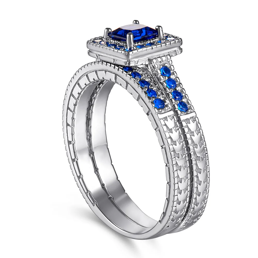 

COLORFISH Blue Simulated Diamond Sona Engagement Wedding Ring Set Women 925 Sterling Silver Classic Princess Shape Fine Jewelry