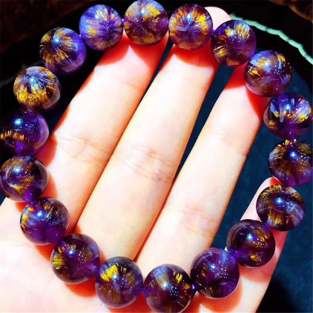 

11mm Natural Auralite 23 Purple Gold Rutilated Bracelet For Women Man Crystal Canada Round Beads Energy Gemstone Stretch AAAAA